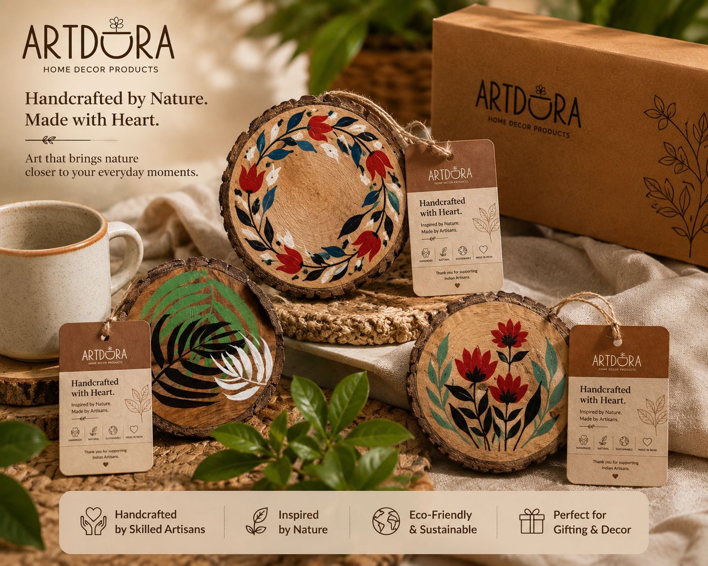 ARTDORA Handmade Wooden Coaster Set of 3 | Hand-Painted Natural Wood Tea & Coffee Coasters with Bark Edge | Rustic Table Décor | Eco-Friendly Drink Coasters for Home & Office