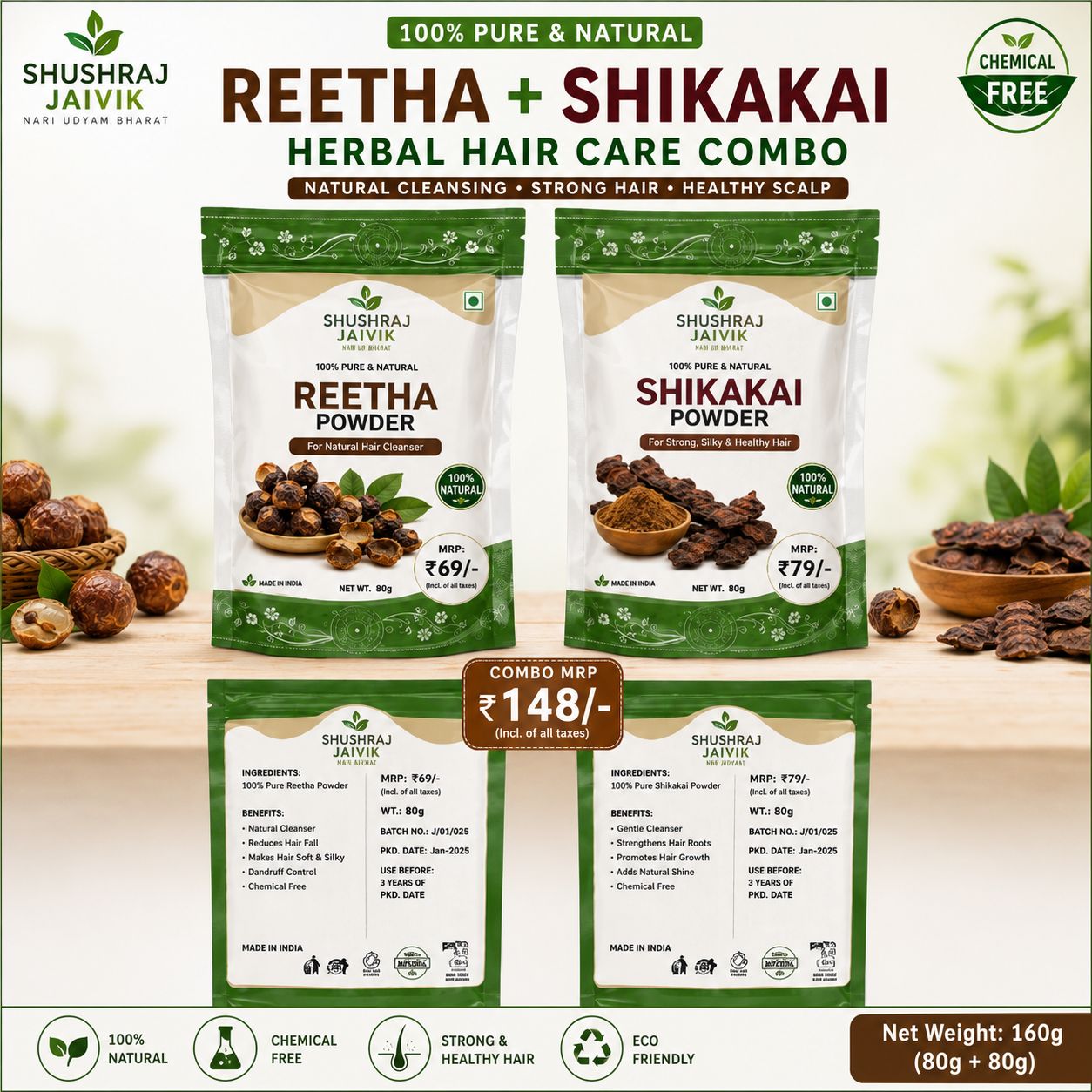 Shushraj Jaivik Reetha & Shikakai Combo Pack – 160 g