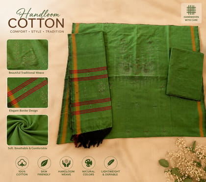 NAITIK TANGALIYA ART Handloom Cotton Unstitched Suit Salwar Dupatta Set for Women | Green Traditional Woven Dress Material | Soft Breathable Cotton | Ethnic Wear