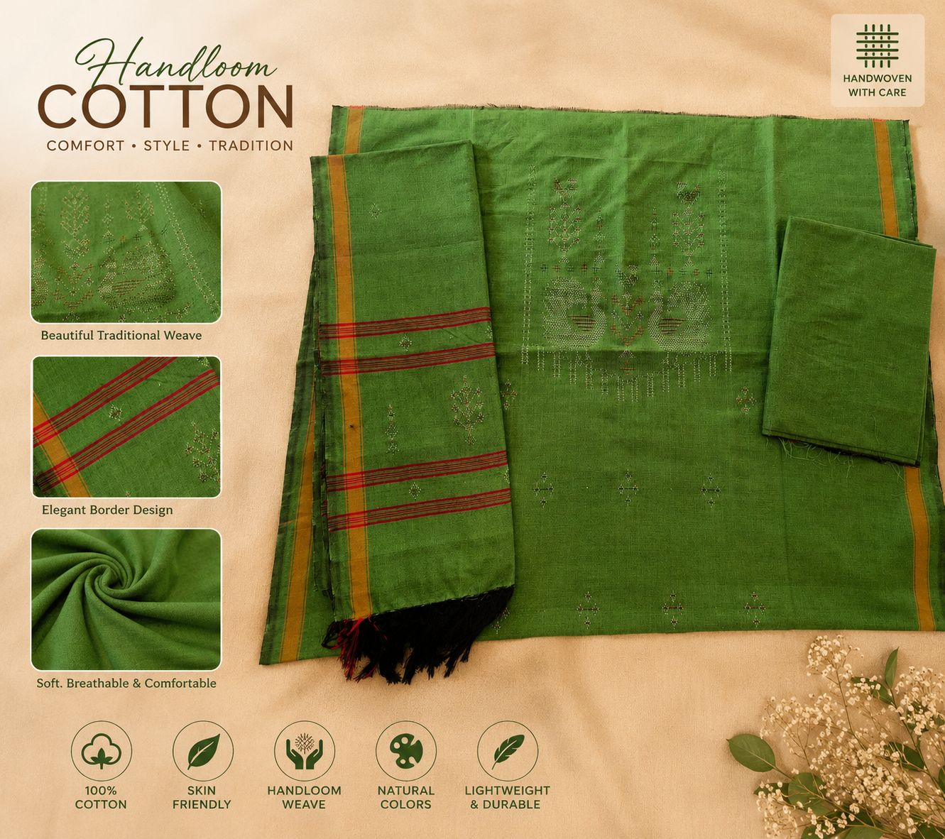 NAITIK TANGALIYA ART Handloom Cotton Unstitched Suit Salwar Dupatta Set for Women | Green Traditional Woven Dress Material | Soft Breathable Cotton | Ethnic Wear