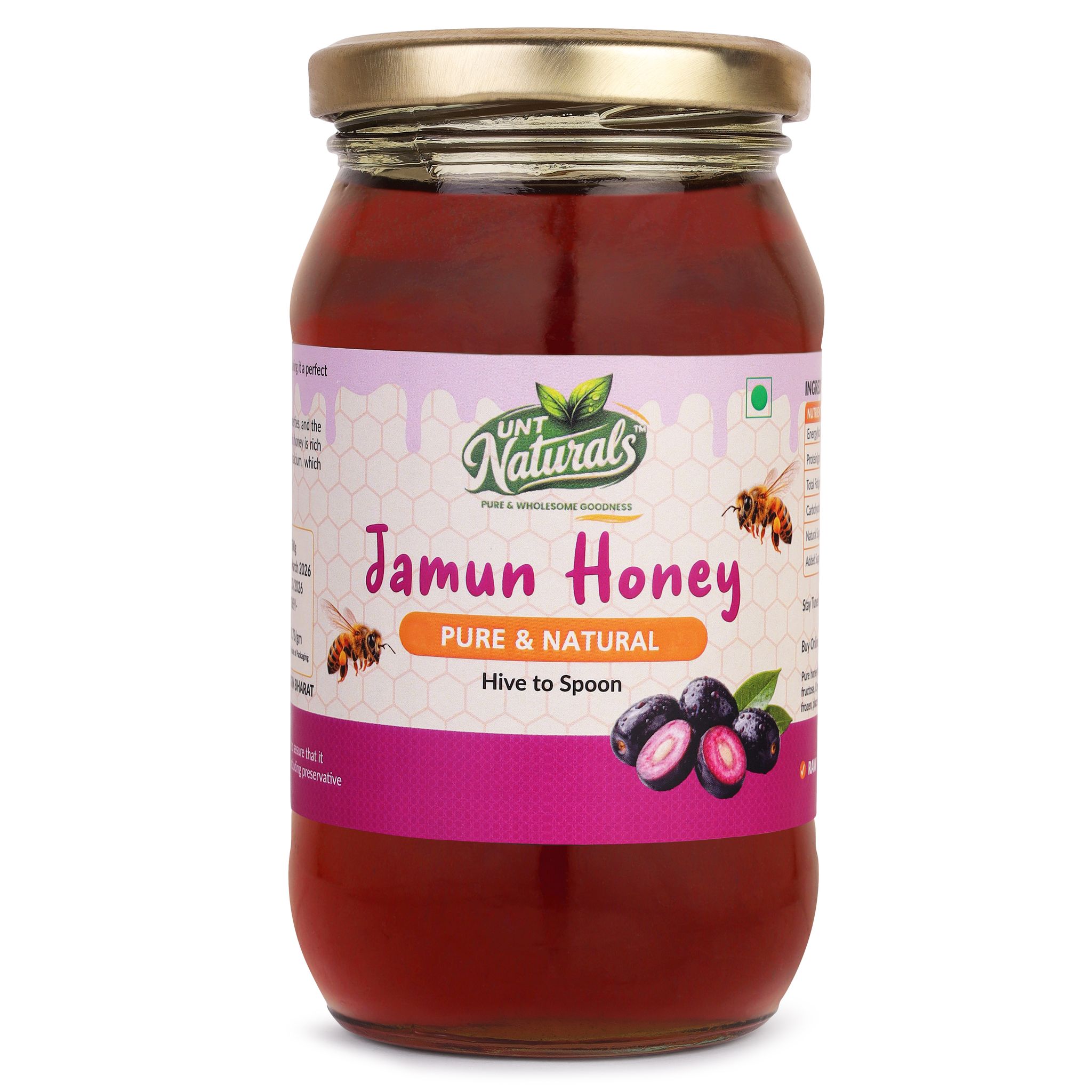 UNT Naturals Raw Jamun Honey 500g- Pure Unfiltered, Unprocessed, Unpasteurized & Unheated Shahad- No Added Sugar- Rich in Nutrients & Antioxidant- Natural Sweetener for Tea, Cooking & Baking