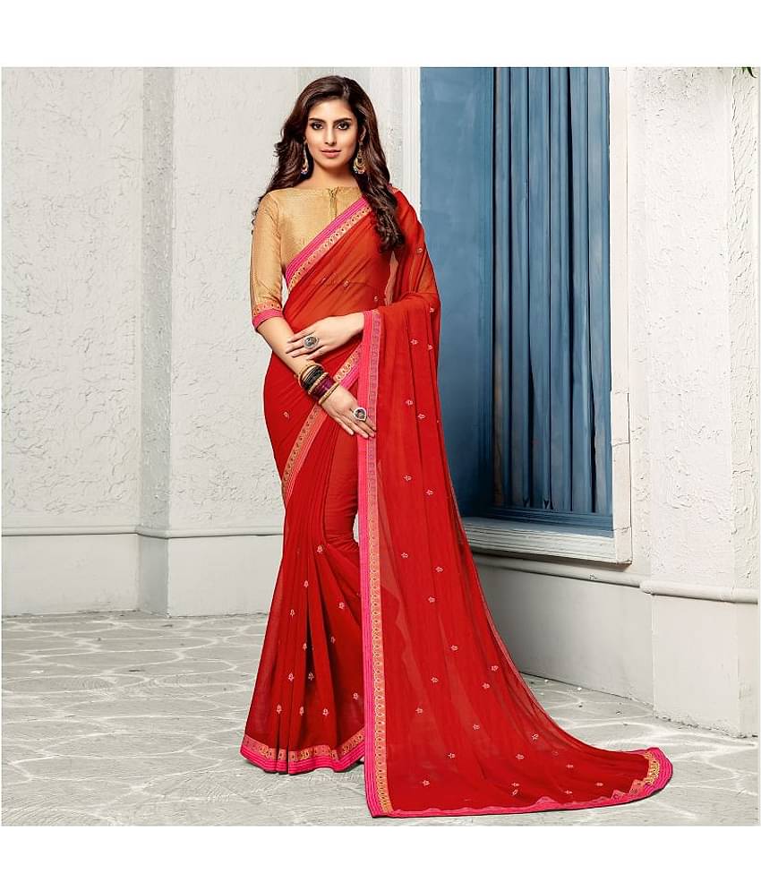 Aarrah Chiffon Saree With Unstitched Blouse Piece ( Red )