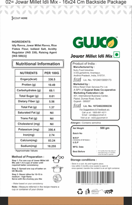 GUJCO Jowar Millet Idli Mix - 500 gm
