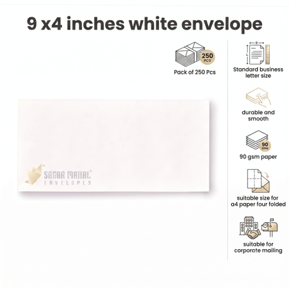 Premium 9×4 Inch White Mailing Envelopes – 90 GSM, Box of 250 | Ideal for Invoices & Documents