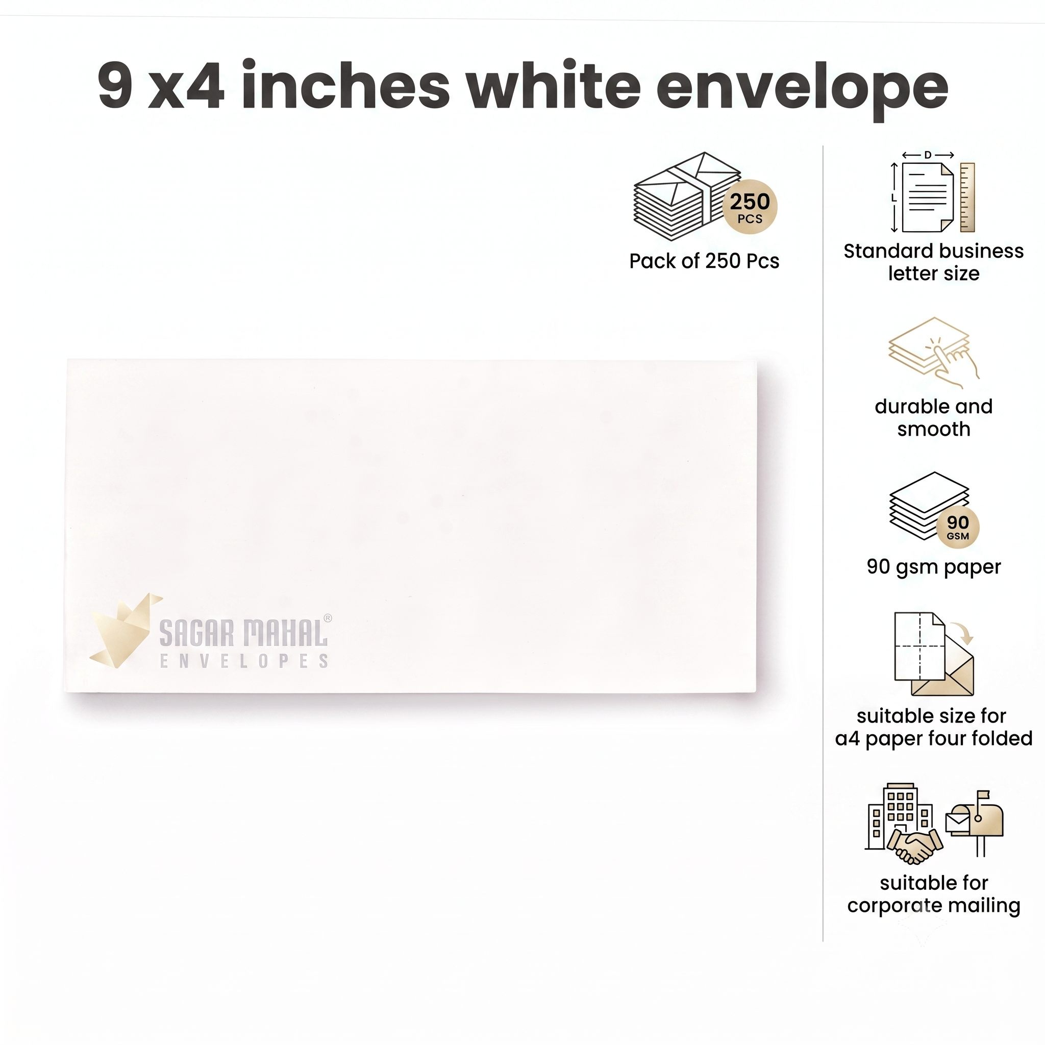 Premium 9×4 Inch White Mailing Envelopes – 90 GSM, Box of 250 | Ideal for Invoices & Documents