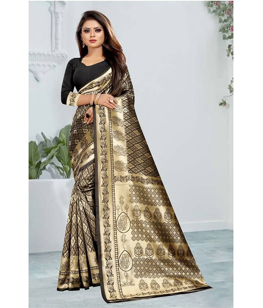 Gazal Fashions Banarasi Silk Printed Saree With Unstitched Blouse Piece ( Gold )