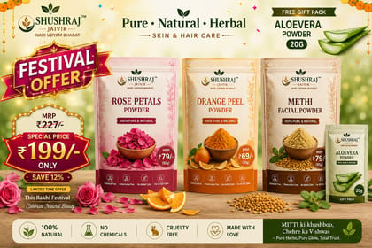 SHUSHRAJ JAIVIK Pure Natural Herbal Face Care Combo Pack | Rose Petals Powder 80g + Orange Peel Powder 80g + Methi Facial Powder 80g + FREE Aloe Vera Powder 20g | Total Net Weight 260g