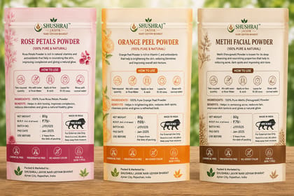 SHUSHRAJ JAIVIK Pure Natural Herbal Face Care Combo Pack | Rose Petals Powder 80g + Orange Peel Powder 80g + Methi Facial Powder 80g + FREE Aloe Vera Powder 20g | Total Net Weight 260g