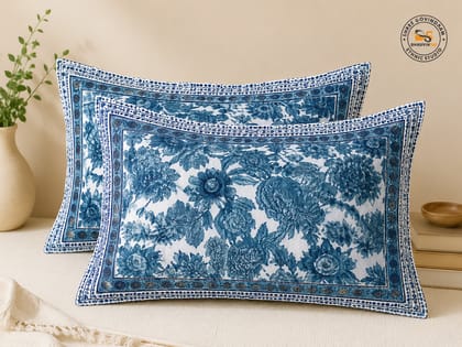 Dhruvinsri Double King Size Combed Cotton Bedsheet , Floral Hand Block Printed Luxury Bedsheet , 100*108 Inches, 2 Pillow Covers, Set- indigo Color)