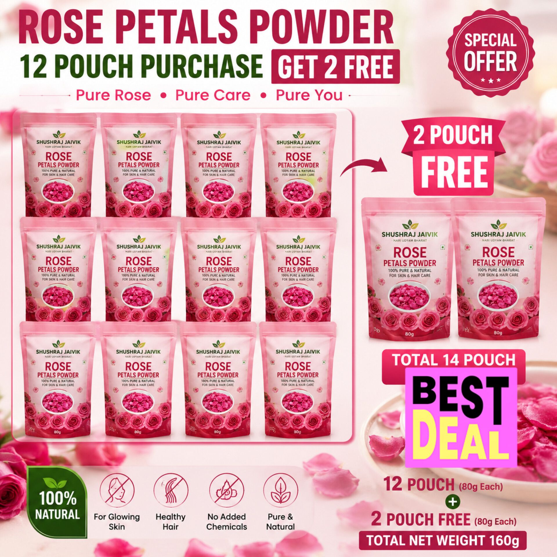 SHUSHRAJ JAIVIK Rose Petals Powder Face Pack | 12+2 Free | 14 Pouches | 1120g