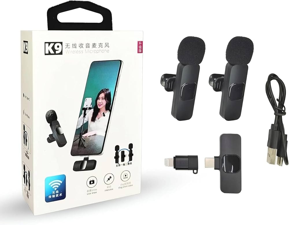K9 Dual Wireless Microphone for All Smartphones Noise Cancellation Dual Mic Set with Receiver for Recording Interviews, Vlogs, YouTube, Reels