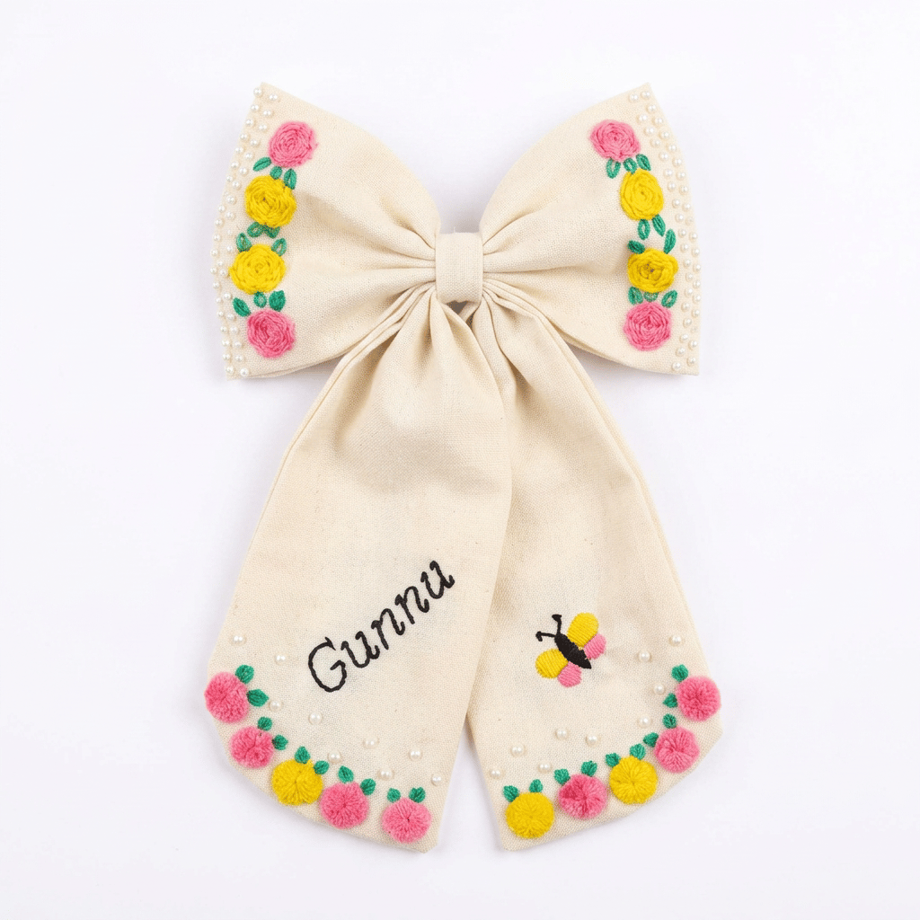 Personalized Cream Fabric Hair Bow Clip with Embroidered Name and Pompoms