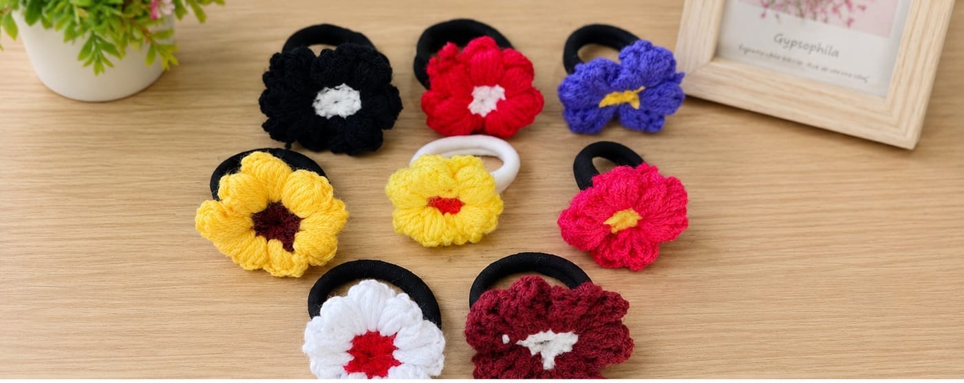 Set of 8 Handmade Crochet Flower Hair Ties - Multicolor