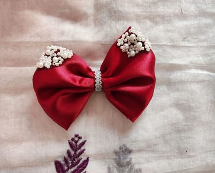 Welcome Boutiquue Premium Satin Hair Bow Clip for Girls & Kids | Handmade Pearl Embellished Hair Accessory | Stylish Boutique Bow for Party, Birthday, Wedding & Everyday Wear