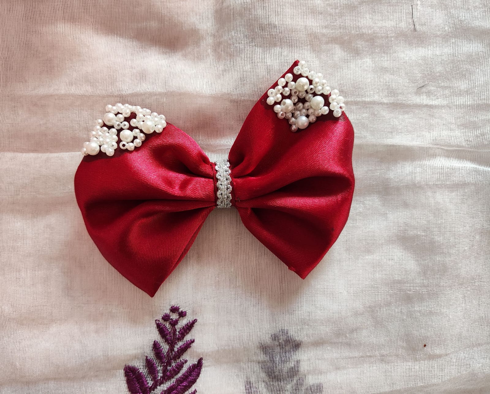 Welcome Boutiquue Premium Satin Hair Bow Clip for Girls & Kids | Handmade Pearl Embellished Hair Accessory | Stylish Boutique Bow for Party, Birthday, Wedding & Everyday Wear