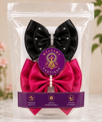 Welcome Boutique Premium Satin Hair Bow Set for Girls | Black & Pink Pearl Embellished Hair Bow Clips | Handmade Boutique Hair Accessories | Stylish Hair Bows for Kids, Parties & Everyday Wear (Pack of 2)