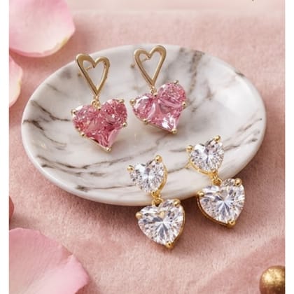 Premium Luxury 18K Gold Plated Pink Crystal Heart Dangle Earrings – Cubic Zirconia Solitaire Drop Earrings for Women & Girls | Romantic Jewelry Gift Pack of 2 (1 pink pair, 1 white pair)