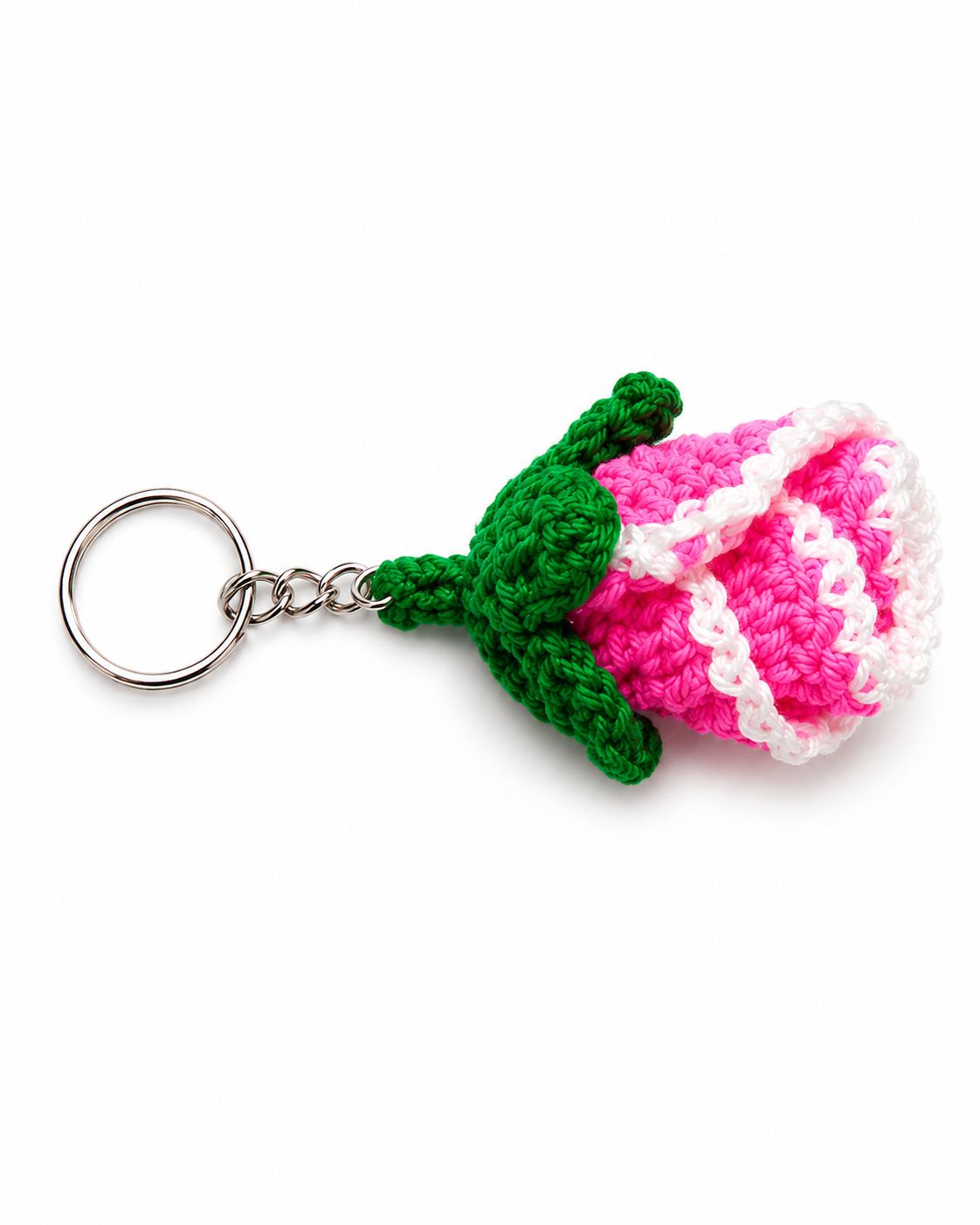 Handmade Crocheted Rose Flower Keychain - Pink and Green