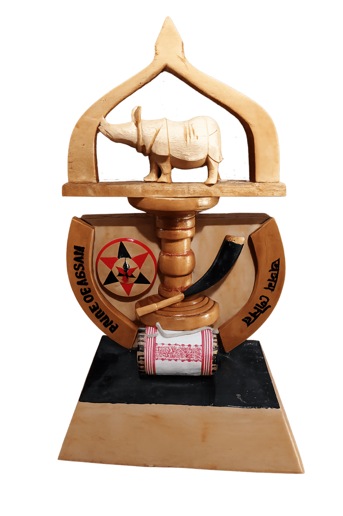 Handcrafted Wooden Pride of Assam Showpiece | Assamese Cultural Decorative Artifact | Rhino, Pepa & Dhol