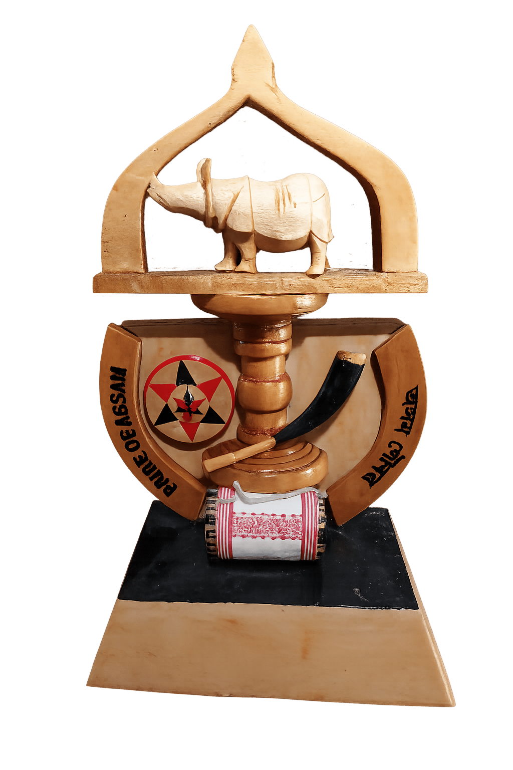 Handcrafted Wooden Pride of Assam Showpiece | Assamese Cultural Decorative Artifact | Rhino, Pepa & Dhol