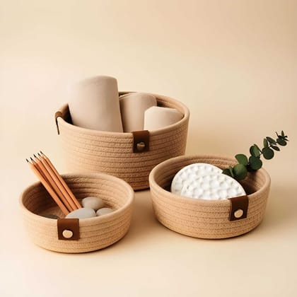 Premium Cotton Rope Storage Basket Set | Woven Decorative Organizer Baskets with Handles | Multipurpose Nesting Storage Basket for Home, Living Room & Nursery (Set of 3)