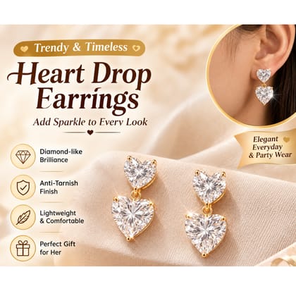 Romantic Heart Solitaire Earrings | 18K Gold Plated Crystal Heart Drop Earrings for Women | Every day & Party Wear Pair of 1