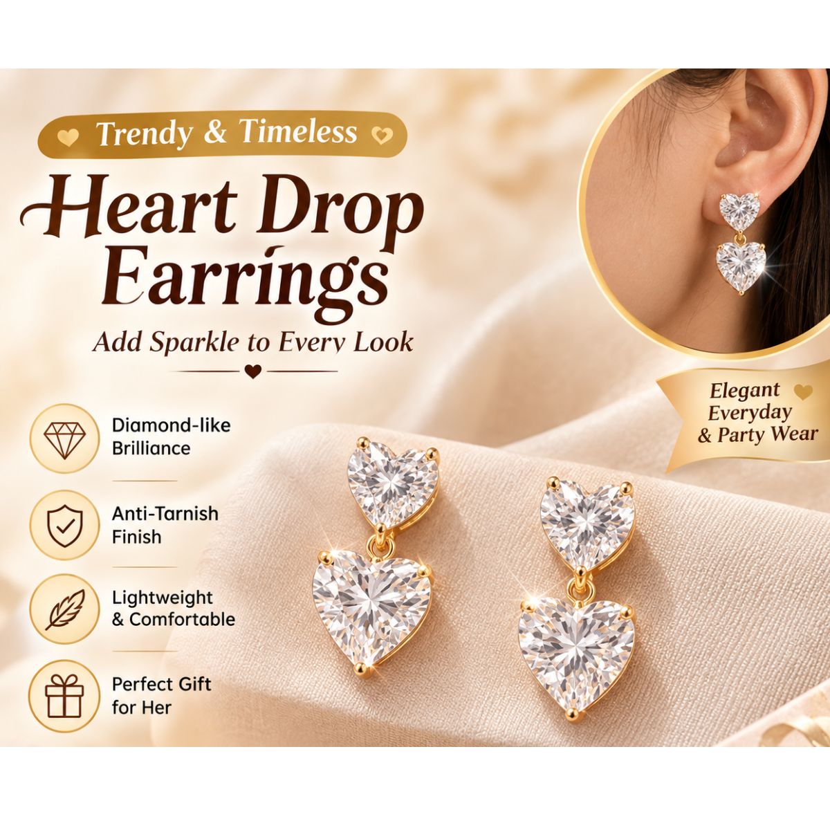 Romantic Heart Solitaire Earrings | 18K Gold Plated Crystal Heart Drop Earrings for Women | Every day & Party Wear Pair of 1