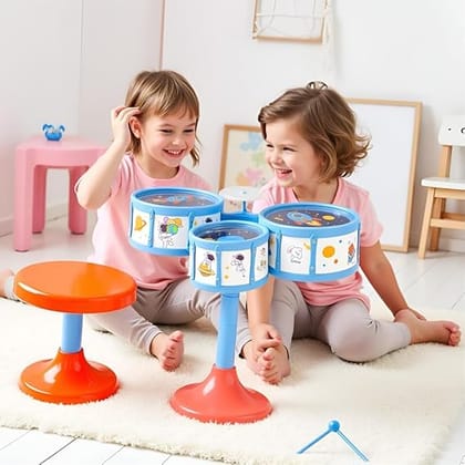 MiniExplorer Jazz Drum Set for Kids | Musical Toy Set with 3 Drums, 1 Cymbal, Drumsticks & Stool | Durable Plastic Learning Toy Music Instrument for Boys & Girls for 3 Years+