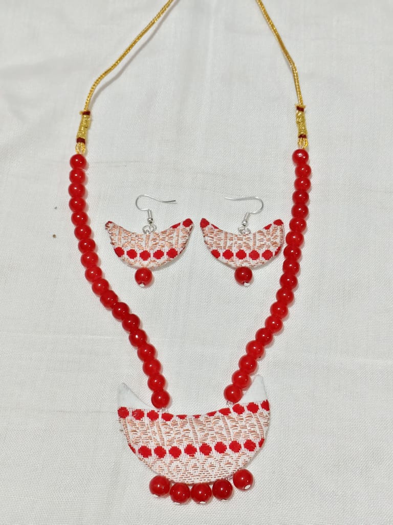 Traditional Assamese Fabric Crescent Pendant Red Bead Necklace & Earring Set