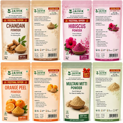 SHUSHRAJ JAIVIK Herbal Face Care Combo Pack | Chandan, Hibiscus & Orange Peel Powder (80g Each) + FREE Multani Mitti Powder 20g Gift Pack | Festival Offer | Natural Face Pack