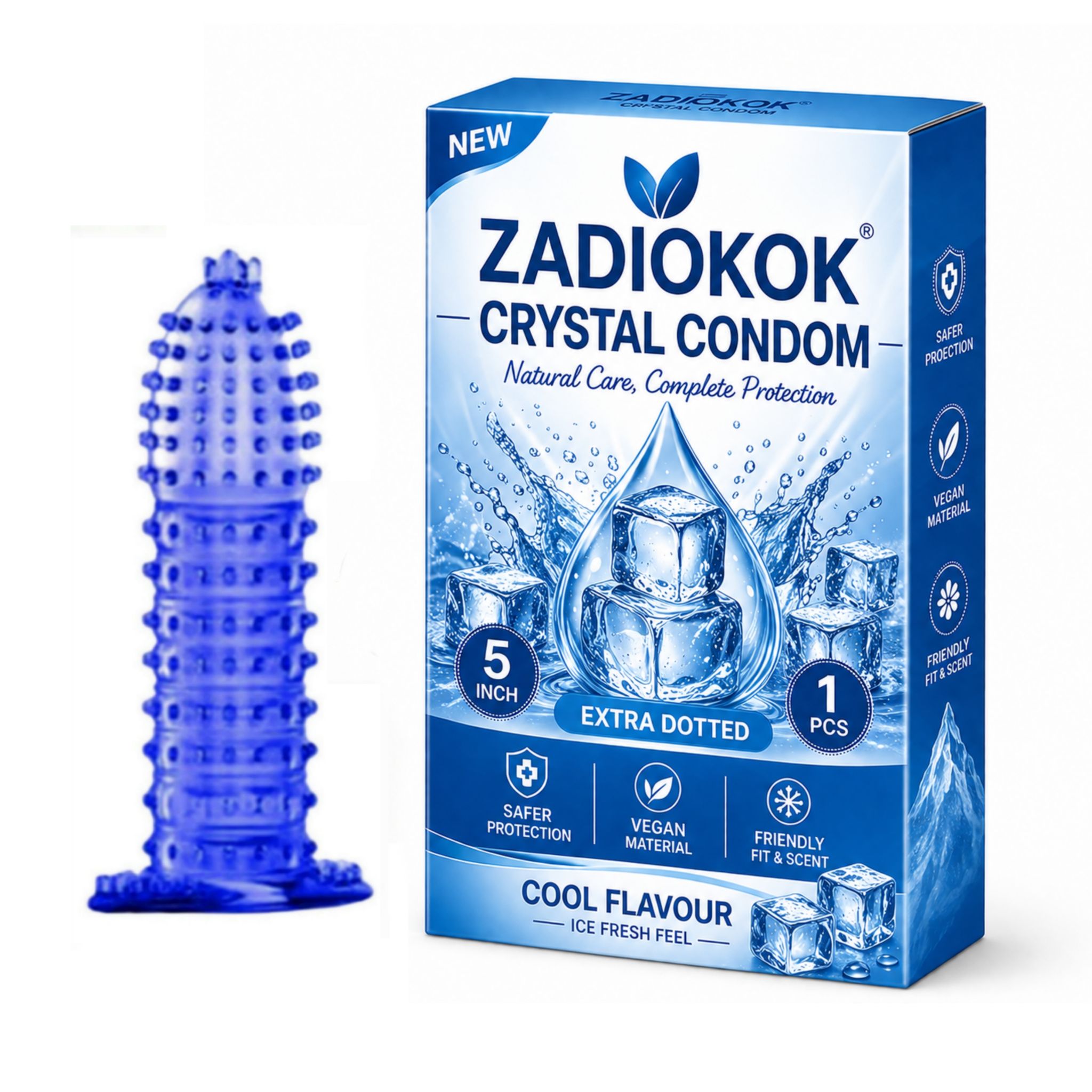 Zadiokok 5 Inch Crystal Dotted Condom Extra Dotted Cool Flavour, Reusable & Comfortable Fit (1 Pcs Set)