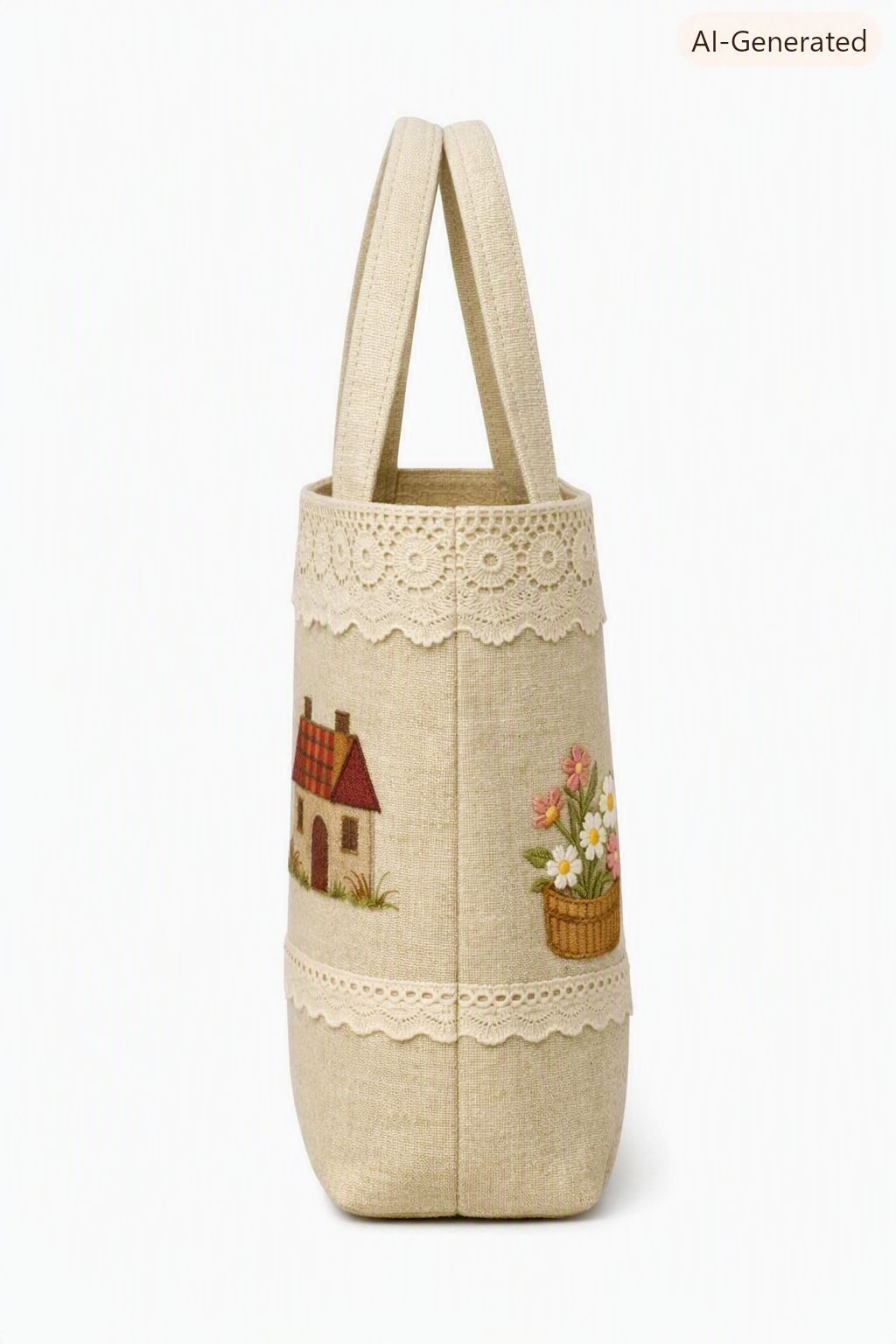 Embroidered Linen Tote Bag with Lace Trim
