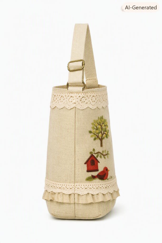 Embroidered Birdhouse and Tree Small Linen Bag with Lace Trim - Handbags | Buy online on ZillyBuy