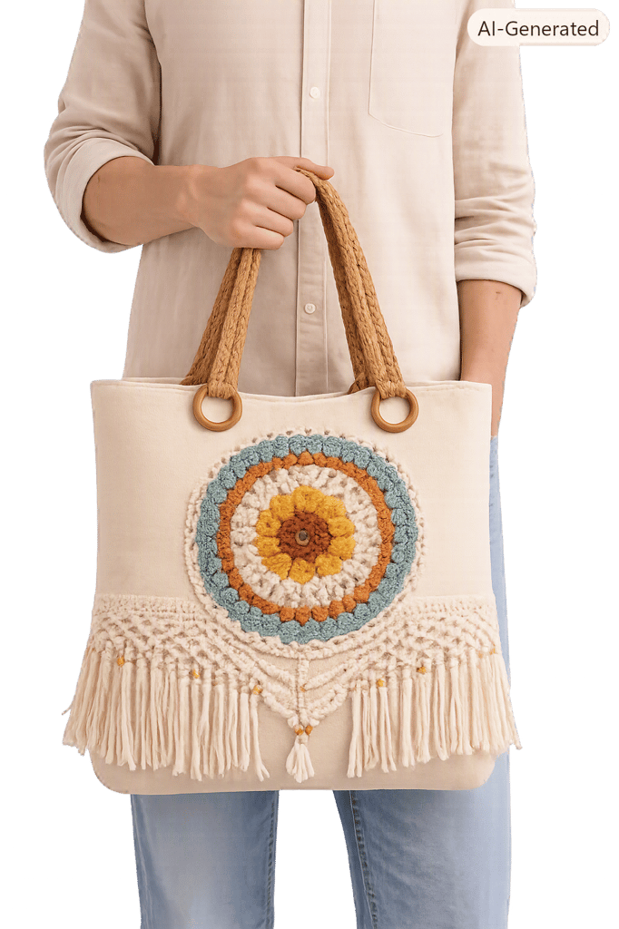 Embroidered Birdhouse and Tree Small Linen Bag with Lace Trim - Handbags | Buy online on ZillyBuy