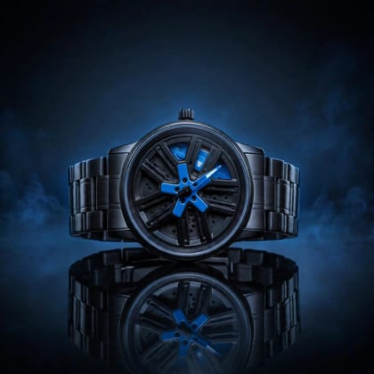 Black Alloy Car Rim Watch with Blue Brake Caliper Accent