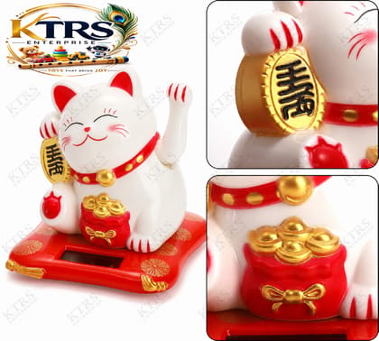 KTRS Enterprise Solar Lucky Waving Cat (Maneki Neko) | Fortune Cat with Moving Paw | Solar Powered Lucky Cat Showpiece for Home, Office, Shop, Car Dashboard | Feng Shui Wealth & Prosperity Decor | White & Red