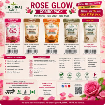 SHUSHRAJ JAIVIK Rose Glow Combo Pack | Rose Petals, Chandan, Orange Peel & Multani Mitti Powder | 100g Each + Free 30g Gift | Natural Herbal Face Pack