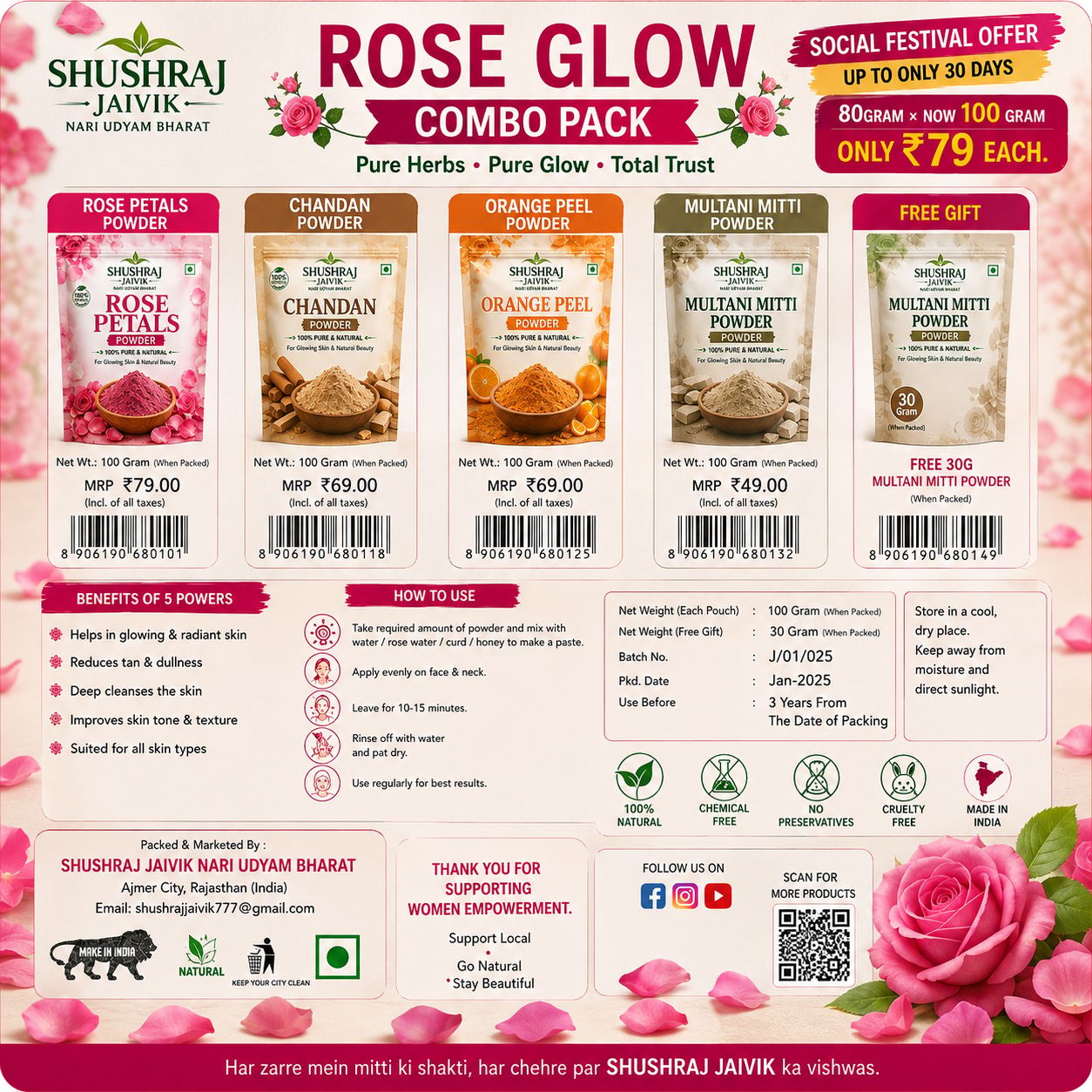 SHUSHRAJ JAIVIK Rose Glow Combo Pack | Rose Petals, Chandan, Orange Peel & Multani Mitti Powder | 100g Each + Free 30g Gift | Natural Herbal Face Pack