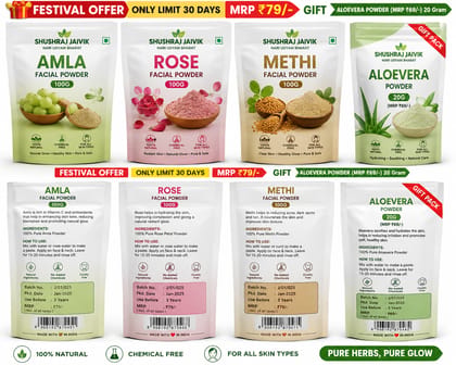 SHUSHRAJ JAIVIK Amla Rose Methi Facial Powder 100g | Festival Offer | FREE Aloe Vera Powder 20g | Natural Herbal Face Pack | Bright & Glowing Skin