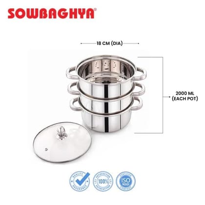 Sowbaghya Stainless Steel 3-Tier Induction Bottom Steamer/Modak & Momo Maker with Glass Lid | Heavy Gauge | Double-Riveted Stainless Steel Handles Sowbaghya Stainless Steel 3-Tier Induction Bottom Steamer/Modak & Momo Maker with Glass Lid | Heavy Gauge | Double-Riveted Stainless Steel Handles