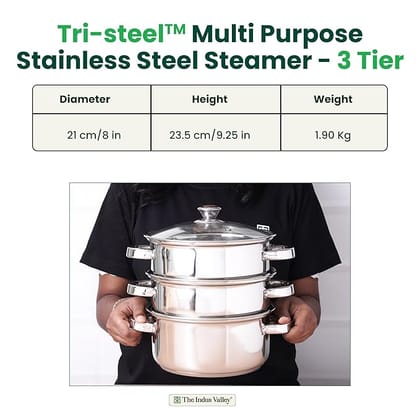The Indus Valley Stainless Steel Steamer - 21cm, 3 Tier with Glass Lid for modak,momo Maker, Veggies Steamer, Khandvi, Kolukattai, Idiyappam | Gas & Induction Friendly | 3-Layer Thick Bottom
