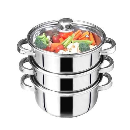 The Indus Valley Stainless Steel Steamer - 21cm, 3 Tier with Glass Lid for modak,momo Maker, Veggies Steamer, Khandvi, Kolukattai, Idiyappam | Gas & Induction Friendly | 3-Layer Thick Bottom
