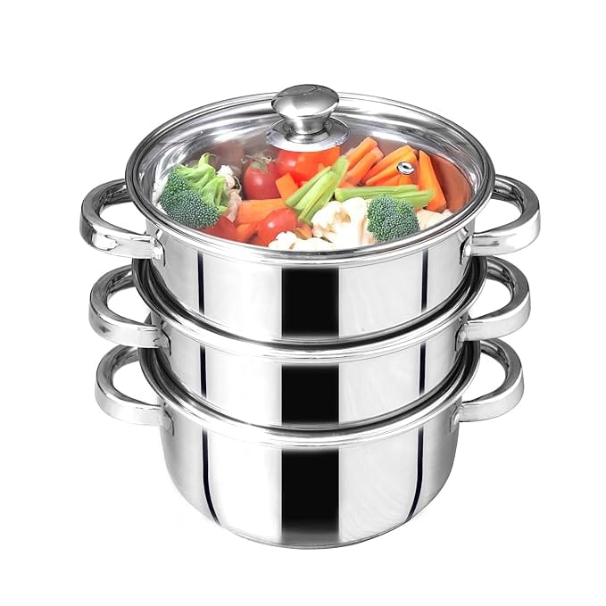 The Indus Valley Stainless Steel Steamer - 21cm, 3 Tier with Glass Lid for modak,momo Maker, Veggies Steamer, Khandvi, Kolukattai, Idiyappam | Gas & Induction Friendly | 3-Layer Thick Bottom