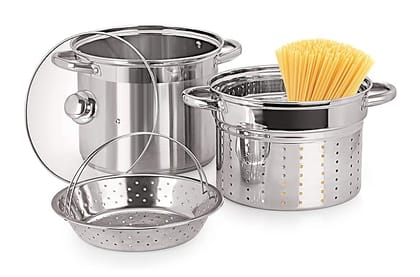 Pristine Stainless Steel Multi Purpose Steamer Set with Glass Lid/Steamer/Modak/Momo Maker with Glass Lid 5qt / 4.7Ltrs, 2 Inner PCS (4 Piece, Silver)