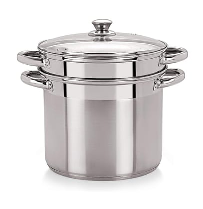 Pristine Stainless Steel Multi Purpose Steamer Set with Glass Lid/Steamer/Modak/Momo Maker with Glass Lid 5qt / 4.7Ltrs, 2 Inner PCS (4 Piece, Silver) Pristine Stainless Steel Multi Purpose Steamer Set with Glass Lid/Steamer/Modak/Momo Maker with Glass Lid 5qt / 4.7Ltrs, 2 Inner PCS (4 Piece, Silver)