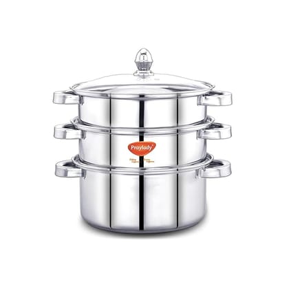 Praylady Triply Base Stainless Steel Steamer Pot | 24 cm | 3.8 L | 3-Tier Steamer for Idli, Momos, Dumplings, Modak & Pasta | ISI Certified | Induction & Gas Compatible