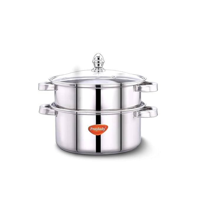 Praylady Triply Base Stainless Steel Steamer Pot | 20 cm | 2.0 L | 2-Tier | ISI Certified | Multi-Use for Idli, Momos, Modak, Vegetables, Pasta & Biryani | Gas, Induction Compitable