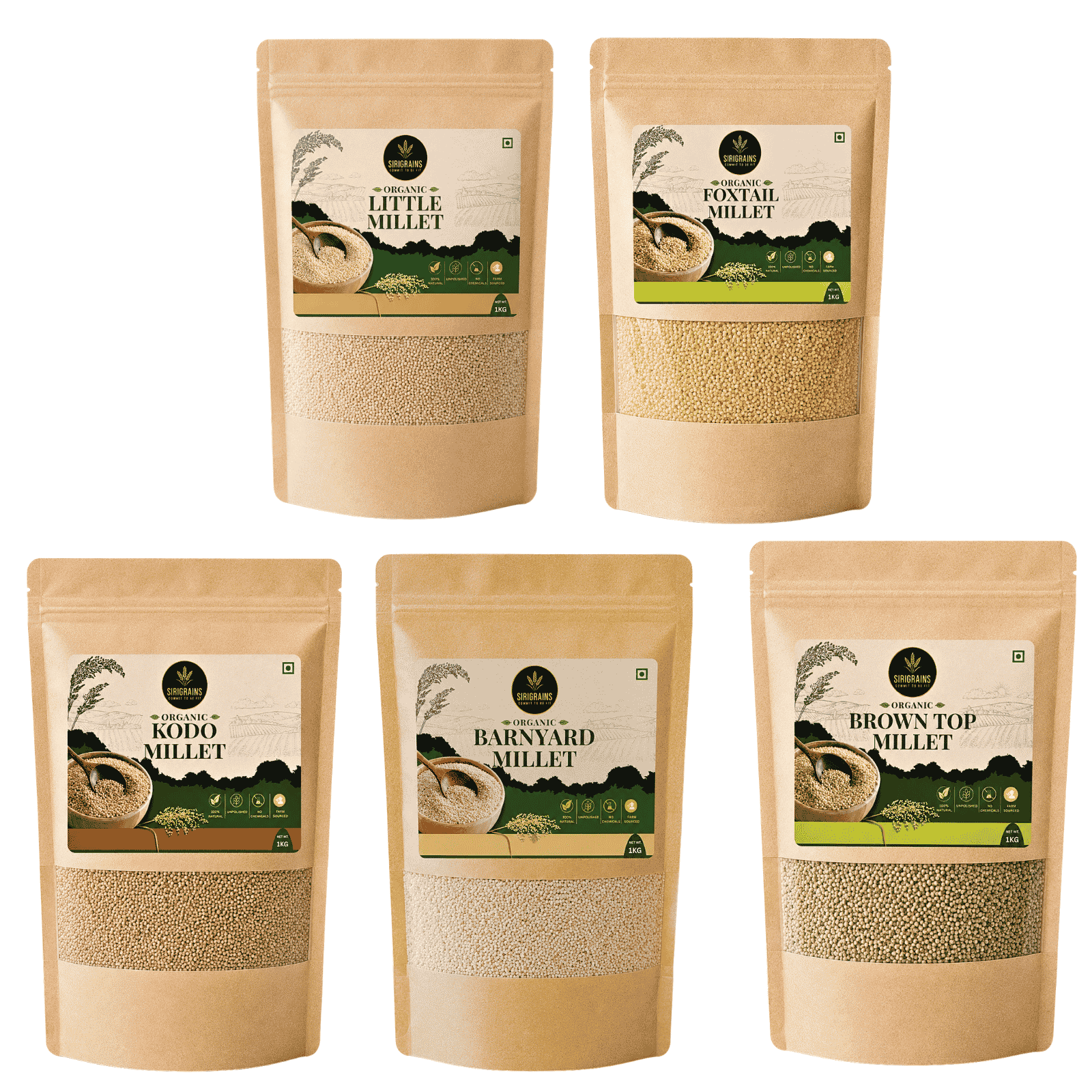 SiriGrains Positive Millet Combo Pack (5 x 250g) | Foxtail, Barnyard, Little, Kodo & Browntop Whole Millets | Unpolished Variety Pack | Total 1.25kg