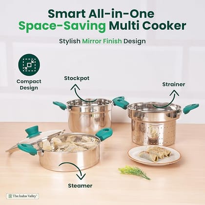 The Indus Valley Stainless Steel Steamer For Rice - 21cm, 3 tier | Veggies/Idiyappam/Modak/Momo/Rice/Briyani Pot/Pasta Pot | Gas & Induction Friendly | 3-Layer Thick Bottom The Indus Valley Stainless Steel Steamer For Rice - 21cm, 3 tier | Veggies/Idiyappam/Modak/Momo/Rice/Briyani Pot/Pasta Pot | Gas & Induction Friendly | 3-Layer Thick Bottom