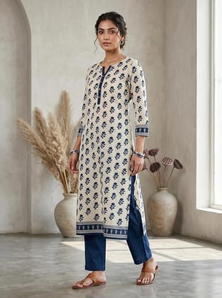 Women's Pure Cotton Sanganeri Jaipuri Hand Block Print Unstitched Kurta Fabric, Traditional Floral Booti Dress Material with Border (Beige & Indigo Blue, 2.5 Meter) Women's Pure Cotton Sanganeri Jaipuri Hand Block Print Unstitched Kurta Fabric, Traditional Floral Booti Dress Material with Border (Beige & Indigo Blue, 2.5 Meter)